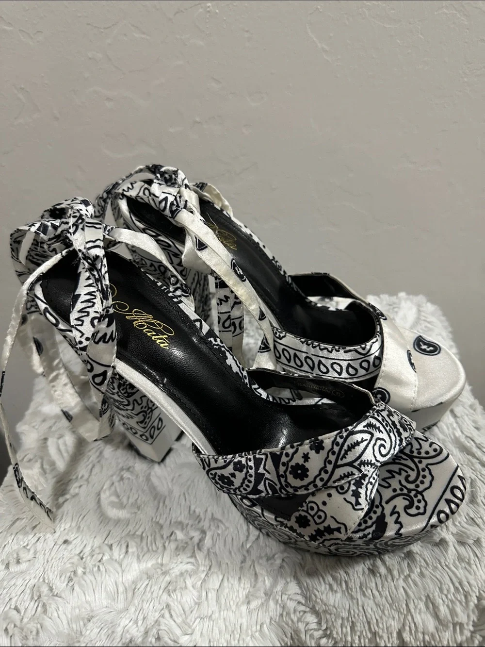 Bandana-Print Platform Heels with Satin Ankle Tie in Black & White